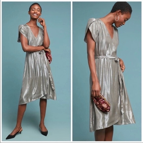 Velvet by Graham & Spencer Anthropologie Calina Metallic Silver Wrap Dress, Sz S - Picture 1 of 12